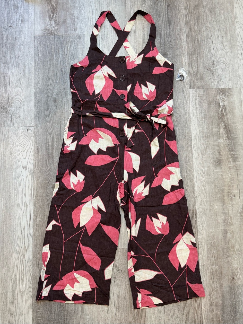 ModCloth Brightest Idea Cropped Jumpsuit Brown Pink Floral Retro Linen Blend L